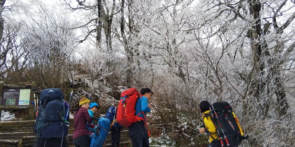 雪のない登山道をフル装備で歩きました。樹氷がきれいでした。