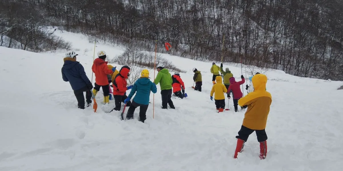 ビーコンとプローブをもって埋没者の捜索訓練中